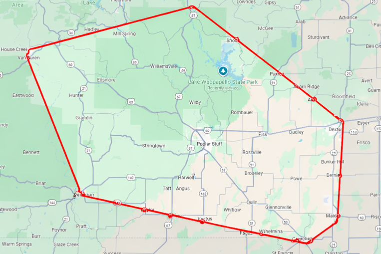 Bootheel Roofing service area map including Kennett Missouri